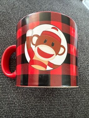 Cracker Barrel Red Buffalo Plaid Sock Monkey Mug Cup
